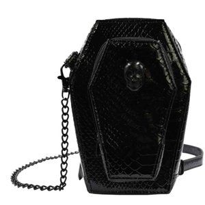 Coffin Black Metal Skull Vinyl Crocodile Mini Shoulder Bag Or Wristlet Purse NWT